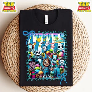 Summer Horror Cuties With Coquette, Horror Cartoon Character Shirt, Colorful Drip Scary Movie Mashup, Creepy Cute Halloween In July Shirt
