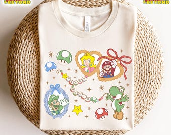 Camiseta retro de Super Mario con lazos de coqueta, cumpleaños de la princesa Peach de Super Mario Luigi para niña, cumpleaños de niño, fiesta familiar de Super Mario a juego