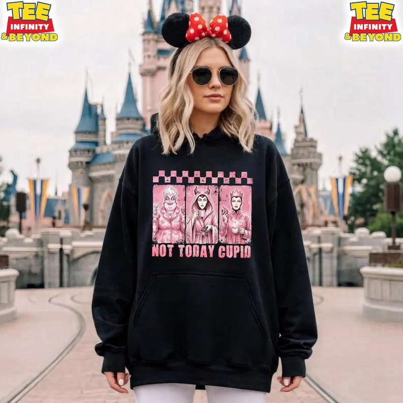 May include: Black hooded sweatshirt featuring a graphic of three cartoon villains in pink, with the text "NOT TODAY CUPID." The sweatshirt has a pink and white checkered pattern at the top of the graphic.