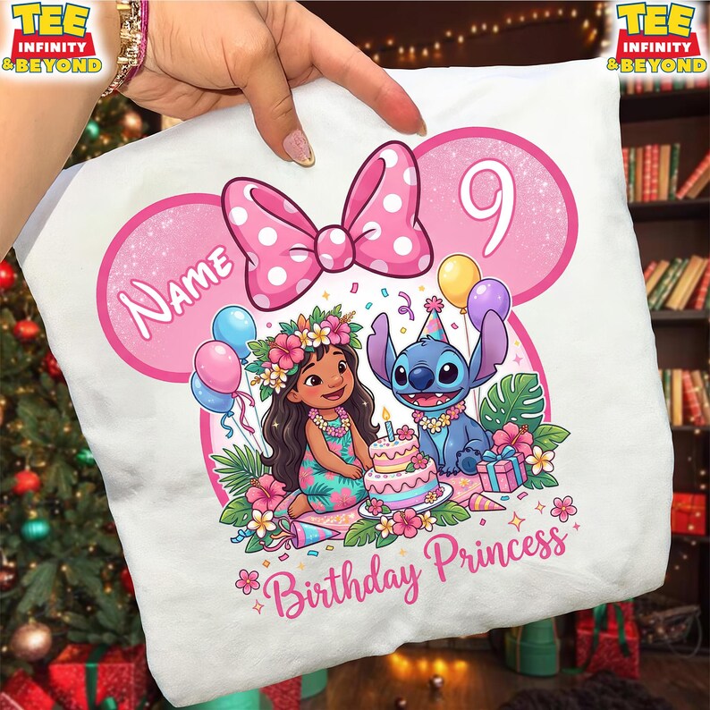 May include: White t-shirt featuring a pink Minnie Mouse-inspired design with a polka dot bow and the number 9. The shirt includes illustrations of Lilo and Stitch, a birthday cake, balloons, and the text "Birthday Princess."