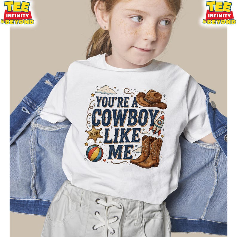 May include: A white short-sleeved t-shirt featuring a graphic print with the text "YOU'RE A COWBOY LIKE ME" in blue letters. The design includes illustrations of a brown cowboy hat, a sheriff star badge, a rocket, a colorful ball, and cowboy boots.