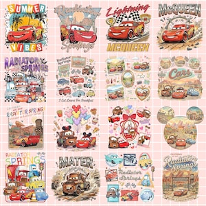 May include: A collection of sixteen graphic designs featuring characters from the movie Cars, including Lightning McQueen and Mater. The illustrations showcase various scenes from Radiator Springs, race tracks, and road trip themes with colorful text.