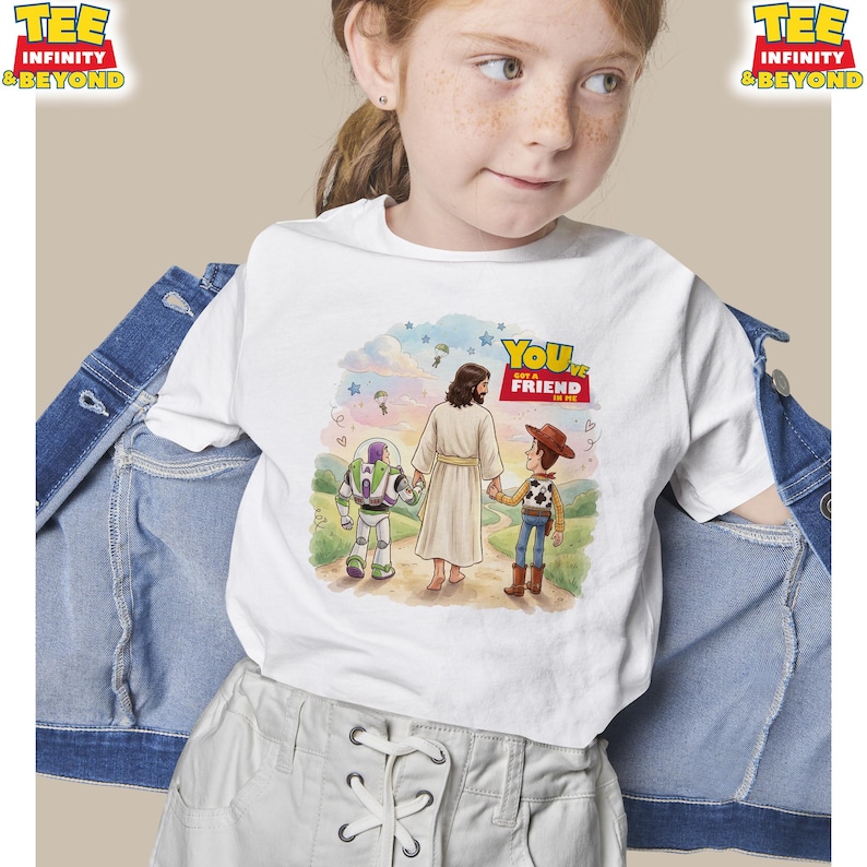 Jesus You've Got A Friend In Me T-shirt, Jesus och Disney Toy Story vänner-tröja, kristen Toy Story-tröja, Jesus tro vänskap-t-shirt bild 4