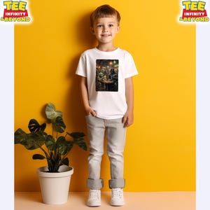 K&ouml;nnte beinhalten: Ein Kind tr&auml;gt ein wei&szlig;es T-Shirt mit einem farbenfrohen Grafikdruck. Der Druck zeigt eine Szene mit Figuren in einer schwach beleuchteten Umgebung. Das Kind tr&auml;gt eine graue Hose und wei&szlig;e Turnschuhe. Der Hintergrund ist leuchtend gelb.