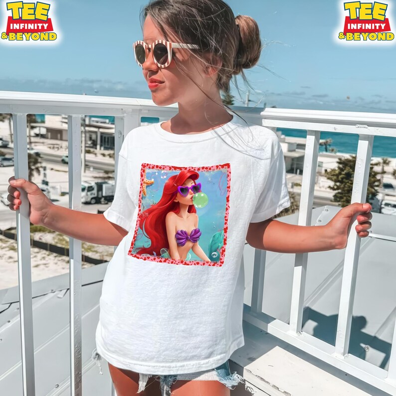 The Little Mermaid Shirt, Ariel Disney Princess T-Shirt, Ariel With Heart Sunglasses Blowing Gum Bubble Shirt, Disney Under The Sea Trip Tee image 3