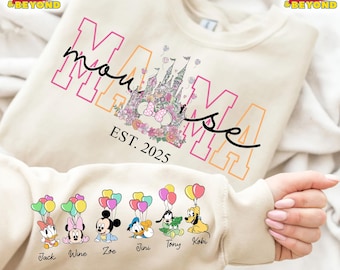 Custom Mama Mouse Est with Kid Name on Sleeve Sweatshirt, Disney Mother Day Gift, Disney Floral Castle Shirt, Mickey and Friends Sweatshirt
