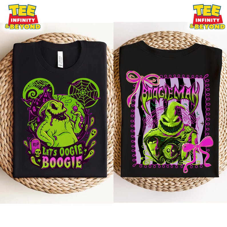 K&ouml;nnte beinhalten: Zwei schwarze T-Shirts mit Halloween-Motiven. Eines zeigt einen gr&uuml;nen Oogie Boogie-Charakter mit dem Text "Let's Oogie Boogie". Das andere zeigt den Text "BOOGIEMAN" mit einem gr&uuml;nen Charakter und rosa Akzenten.