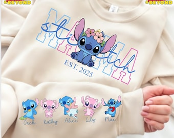 Sudadera personalizada "Mamá Est" con el nombre del niño en la manga, camiseta de Disney Stitch, sudadera para el Día de la Madre, regalo para mamá, sudadera de Lilo y Stitch