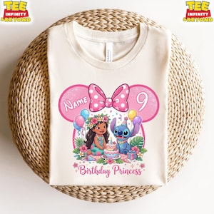 May include: Cream-colored t-shirt featuring a pink Minnie Mouse-inspired design with a polka dot bow and the number 9. The graphic includes illustrations of Moana and Stitch, a birthday cake, and the text "Birthday Princess".