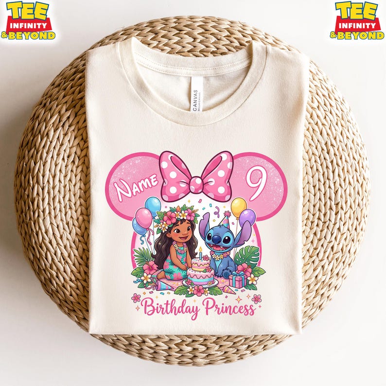 May include: Cream-colored t-shirt featuring a pink Minnie Mouse-inspired design with a polka dot bow and the number 9. The graphic includes illustrations of Moana and Stitch, a birthday cake, and the text "Birthday Princess".