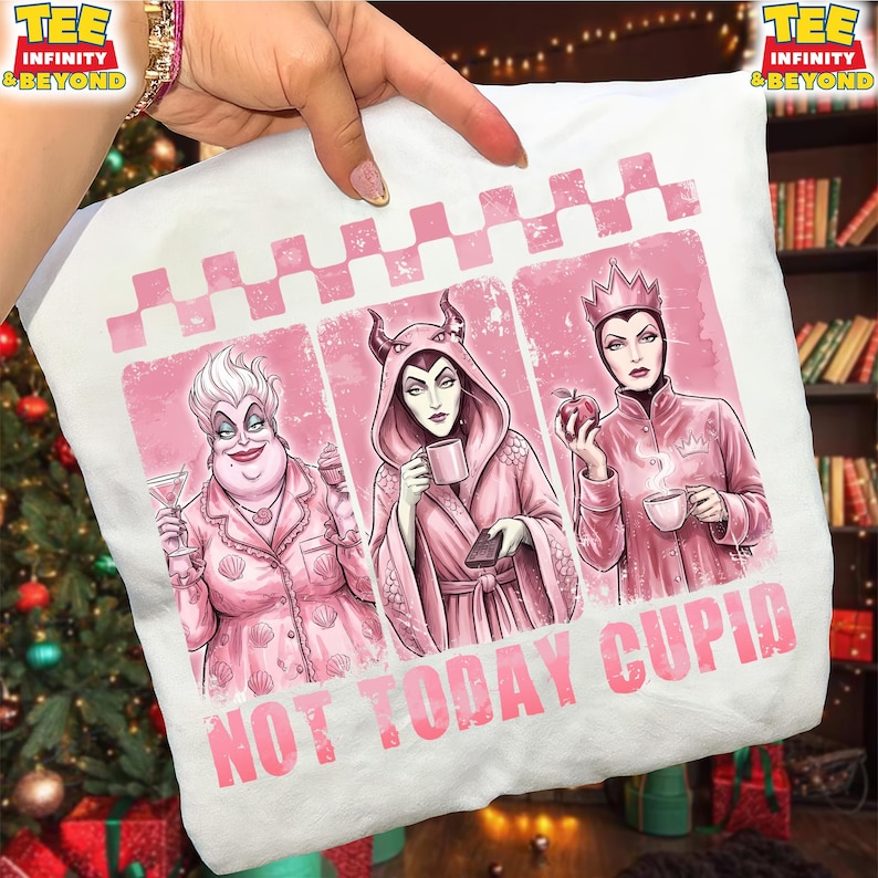 May include: White pillowcase with a pink graphic featuring three cartoon villains in pink robes, holding drinks and an apple. The text "NOT TODAY CUPID" is printed in pink across the bottom. The pillowcase has a checkered pink border.