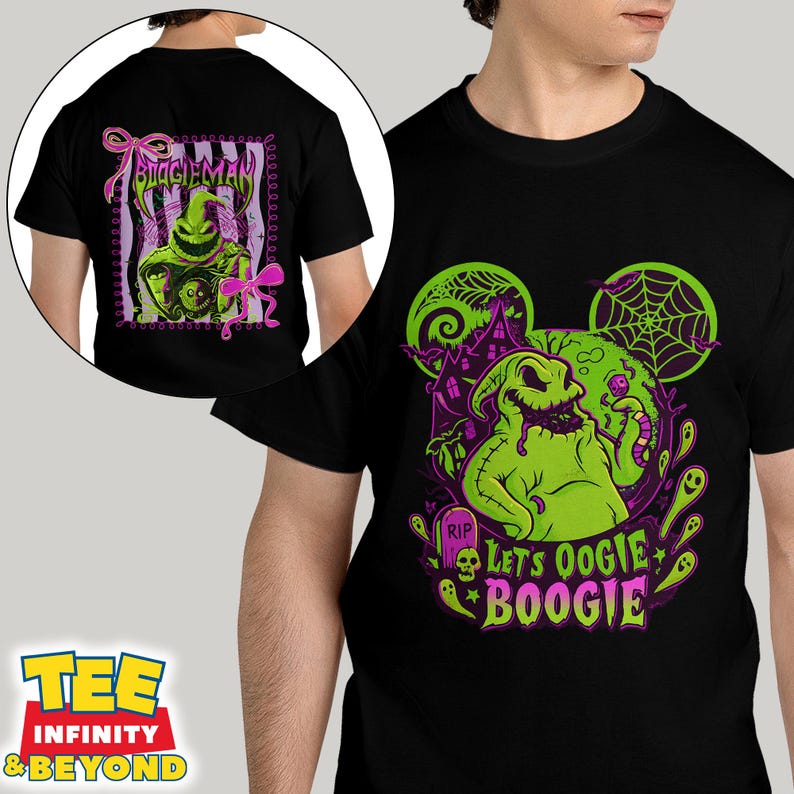 K&ouml;nnte beinhalten: Schwarzes T-Shirt mit einem gr&uuml;nen Oogie Boogie-Design und dem Text "Let's Oogie Boogie". Das Design umfasst ein Spinnennetz, einen Grabstein und ein Spukhaus. Auf der R&uuml;ckseite des Shirts befindet sich ein "Boogie Man"-Design.