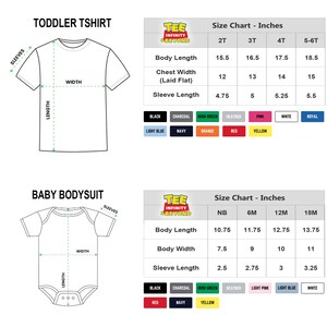 May include: Diagrams of toddler t-shirts and baby bodysuits with size charts in inches. The charts include body length, chest width, and sleeve length measurements. Color options are listed below the charts.
