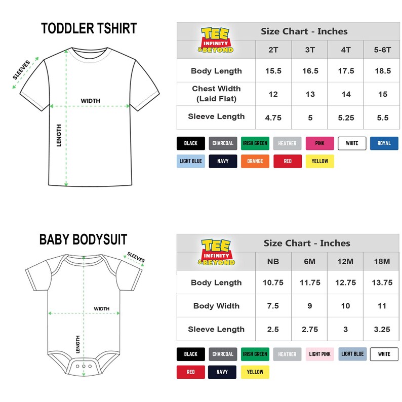 May include: Diagrams of toddler t-shirts and baby bodysuits with size charts in inches. The charts include body length, chest width, and sleeve length measurements. Color options are listed below the charts.