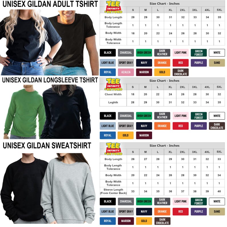 Puede incluir: Imagen de camisetas, camisetas de manga larga y sudaderas unisex Gildan. Se incluyen tablas de tallas en pulgadas. Las camisetas est&aacute;n disponibles en varios colores, incluyendo negro, blanco y azul marino.