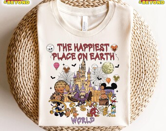 The Happiest Place On Earth Halloween Disney World Shirt, Disney Mickey And Friends Halloween Drip Tee, Disney Pumpkin Halloween Castle Tee