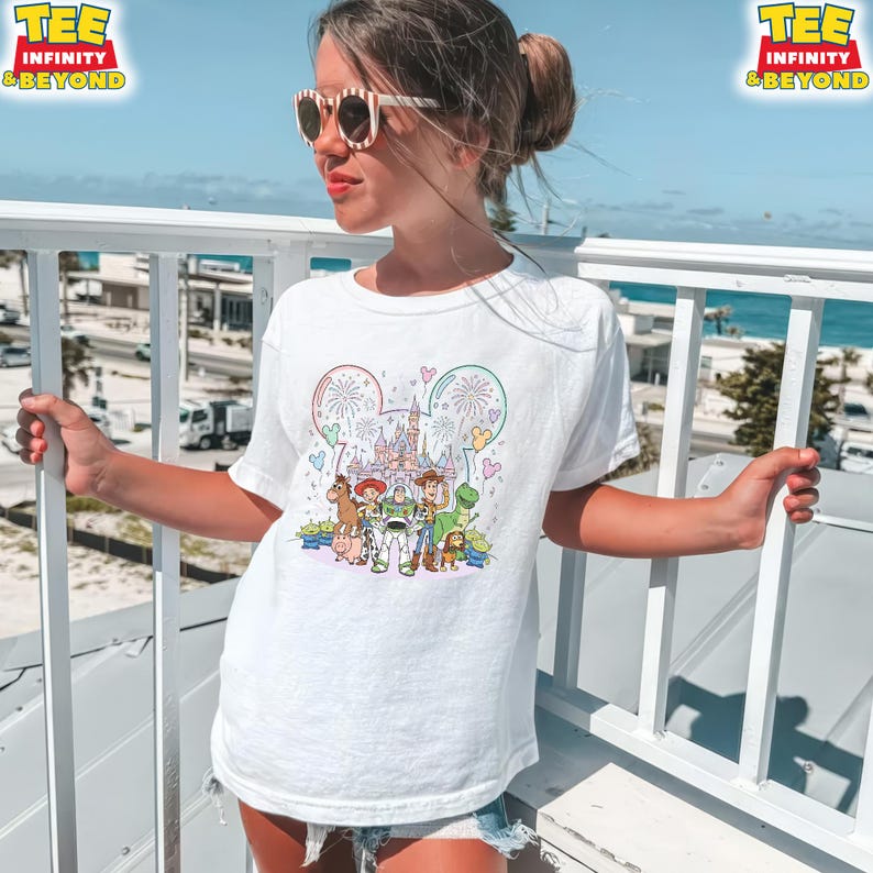 Toy Story Castle T-Shirt, Disney Pixar Toy Story Tee, Disney Vacation Matching Tee, Disney Magic Castle With Fireworks Mickey Balloons Shirt image 4