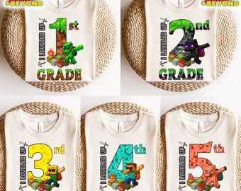 MineC Back To School T-Shirt, I Leveled Up To 1st 2nd 3rd 4th 5th Grade Tee, Gamer Kids Grade Level Tee, MineC Characters Tee, Gift For Kids