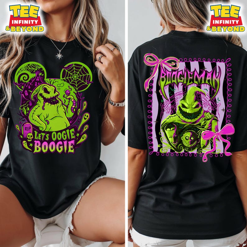 K&ouml;nnte beinhalten: Schwarzes T-Shirt mit einem neongr&uuml;nen Oogie Boogie-Design und dem Text "Let's Oogie Boogie" auf der Vorderseite. Die R&uuml;ckseite des Shirts hat ein passendes Design mit dem Text "Boogie Man".