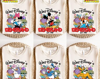 Camiseta de Walt Disney con todos los personajes de Disneyland (estreno en 1955), camiseta de viaje familiar de Disney, camiseta de Mickey y sus amigos, camiseta de Disneyland (estreno en 1955)
