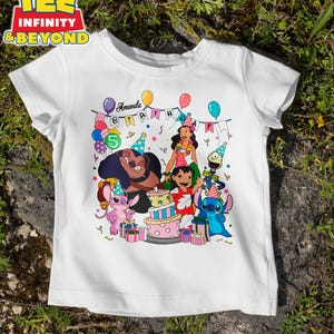 May include: White t-shirt with a colourful graphic of Lilo & Stitch characters at a birthday party. The design includes a cake, balloons, and the name "Amanda" with the number "5".