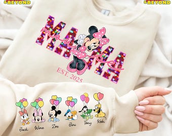 Custom Mama Mouse Est with Kid Name on Sleeve Sweatshirt, Disney Mother Day Gift, Disney Minnie Mouse Shirt, Mickey and Friends Sweatshirt