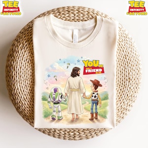 Jesus You've Got A Friend In Me T-shirt, Jesus och Disney Toy Story vänner-tröja, kristen Toy Story-tröja, Jesus tro vänskap-t-shirt bild 1