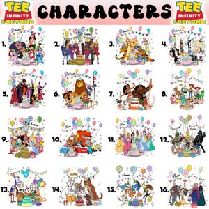 Puede incluir: Una colecci&oacute;n de diecis&eacute;is camisetas gr&aacute;ficas con varios personajes de dibujos animados, cada una con una tarta de cumplea&ntilde;os, globos y el texto "Name". Las camisetas tienen el texto "TEE INFINITY & BEYOND" en la parte superior.