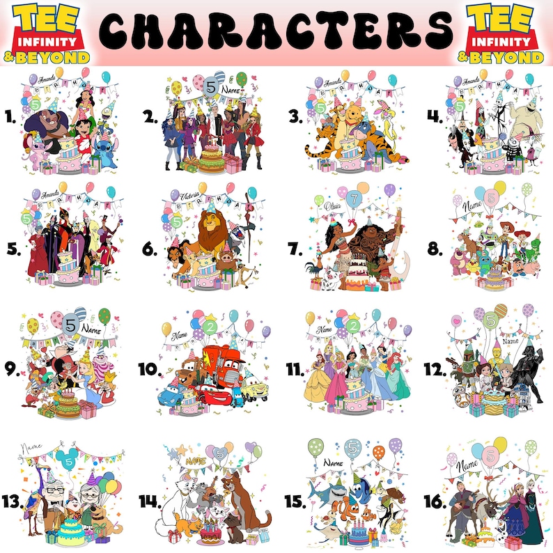 Puede incluir: Una colecci&oacute;n de diecis&eacute;is camisetas gr&aacute;ficas con varios personajes de dibujos animados, cada una con una tarta de cumplea&ntilde;os, globos y el texto "Name". Las camisetas tienen el texto "TEE INFINITY & BEYOND" en la parte superior.