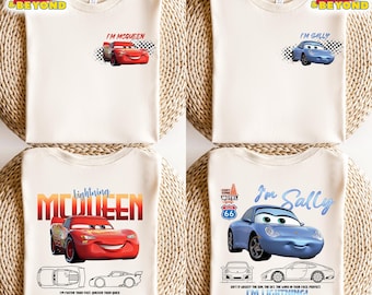 ヴィンテージカーの両面プリントシャツ、ライトニング・マックィーンとサリーのカップルTシャツ、限定マックィーンTシャツ、ディズニーカップルシャツ、ディズニーシャツ