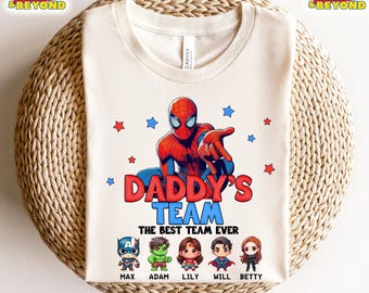 Koszulka z nadrukiem Spiderman Daddy's Team Best Team Ever, Koszulka z okazji Dnia Ojca Disneya, Koszulki rodzinne Spiderman, Spersonalizowane imię dziecka