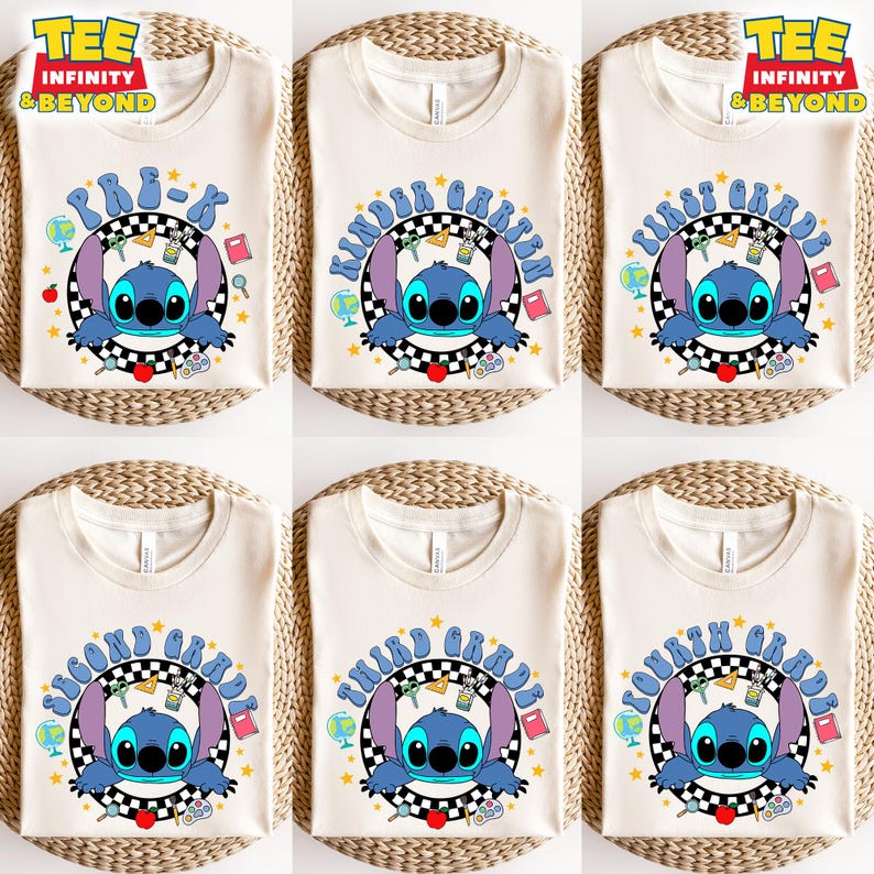 May include: Cream-colored t-shirts with various grade level designs. Each shirt features a blue cartoon character in a circular frame with the grade level text. The designs include school-themed graphics like globes, books, and apples. The brand logo "TEE INFINITY & BEYOND" is at the top.