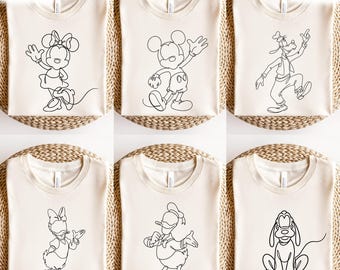 Disney Mickey And Friends Outline Shirt, Disneyland Family Vacation Tee, Mickey Friends Group Tee, Minimalist Disney Characters Tee For Fans