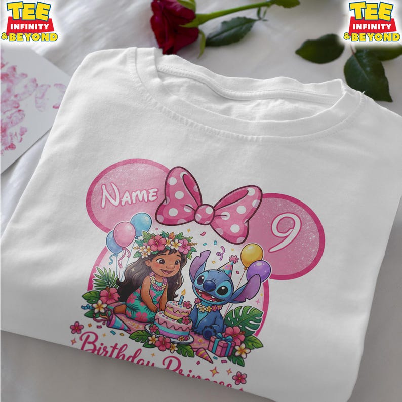 May include: White t-shirt featuring a colorful graphic of Lilo and Stitch celebrating a birthday. The design includes a pink bow, balloons, and the number 9. The words "Birthday Princess" are also visible.