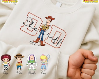 Custom Toy Story Est with Kids Name on Sleeve Sweatshirt, Disney Toy Story Shirt, Disney Father's Day Gift, Sheriff Toy Story Sweatshirt