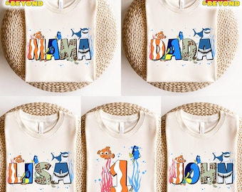 Custom Name Pixar Finding Nemo Matching Shirts, Mom Dad Disney T-shirt, Personalized Marlin Dory Darla Bruce Kids Toddler Birthday Gift Tee