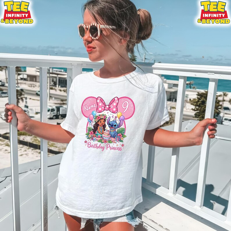 May include: White t-shirt featuring a pink Minnie Mouse-shaped design with a bow, the number 9, and the words "Birthday Princess." The design includes cartoon characters and balloons. The shirt is worn by a person.