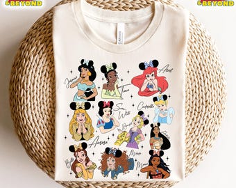 Camiseta con orejas de Mickey y personajes de princesas de Disney, camiseta de Tiana, Ariel, Elsa, Rapunzel, Bella y Jasmine, viaje familiar de chicas a WDW Magic Kingdom 2025