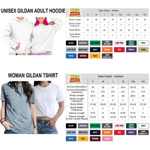 Puede incluir: Tablas de tallas para sudaderas con capucha Gildan unisex y camisetas Gildan para mujer. Las medidas est&aacute;n en pulgadas para largo, ancho y largo de manga. Opciones de color: negro, blanco, marino y m&aacute;s.