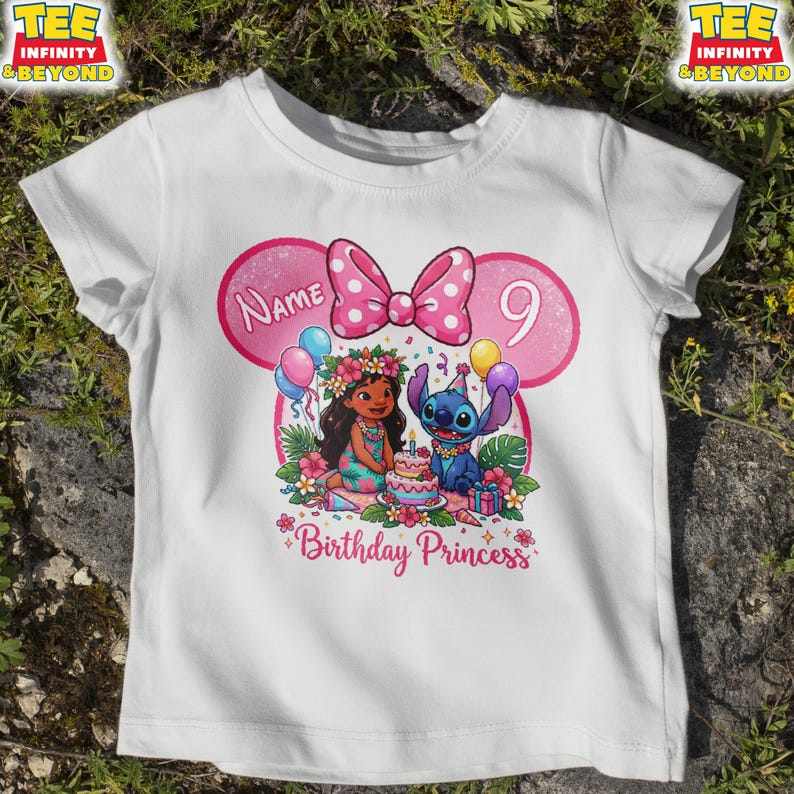 May include: White t-shirt featuring a pink bow and mouse ears design. The shirt has a graphic of two cartoon characters, a cake, balloons, and the text "Birthday Princess" and the number "9".