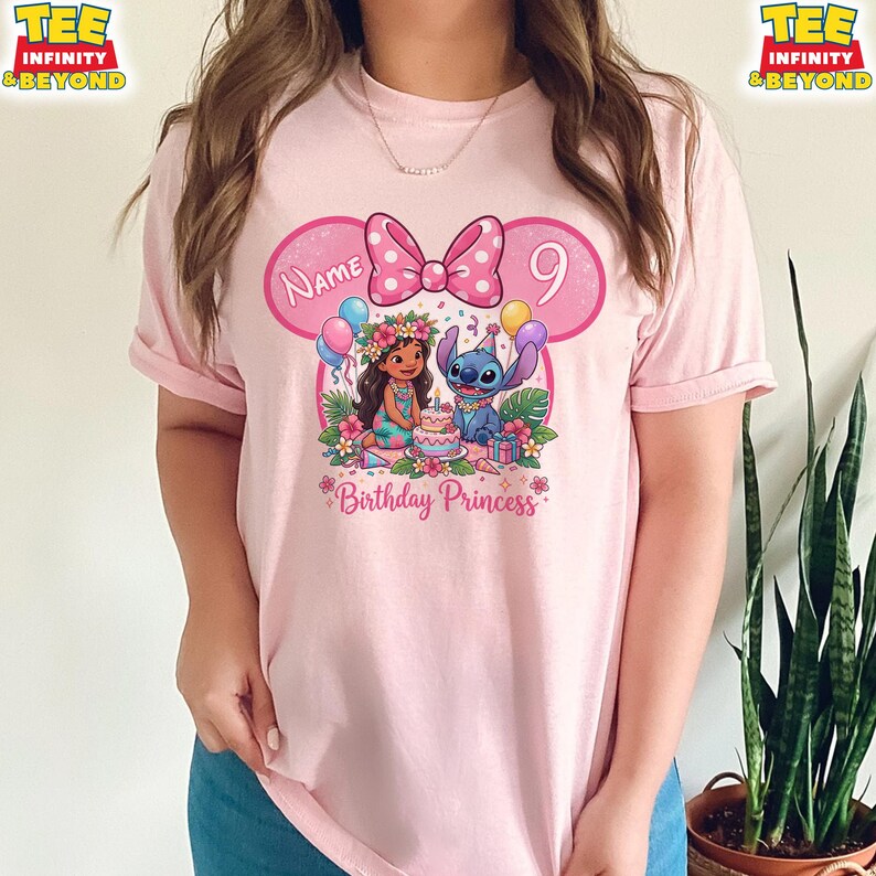 May include: Pink t-shirt featuring a graphic of a birthday scene with the text "Birthday Princess". The design includes a bow, the number 9, and cartoon characters. The shirt has short sleeves.