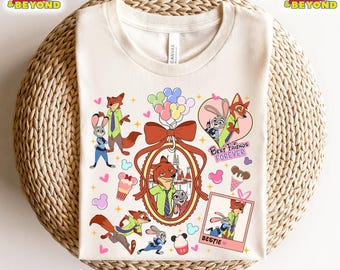 Camiseta de acuarela de Zootopia con lazo coqueto, camiseta de Judy Hopps, camiseta de Nick Wilde, camiseta retro de Zootrópolis de Disney, camiseta del viaje de la familia WDW 2025