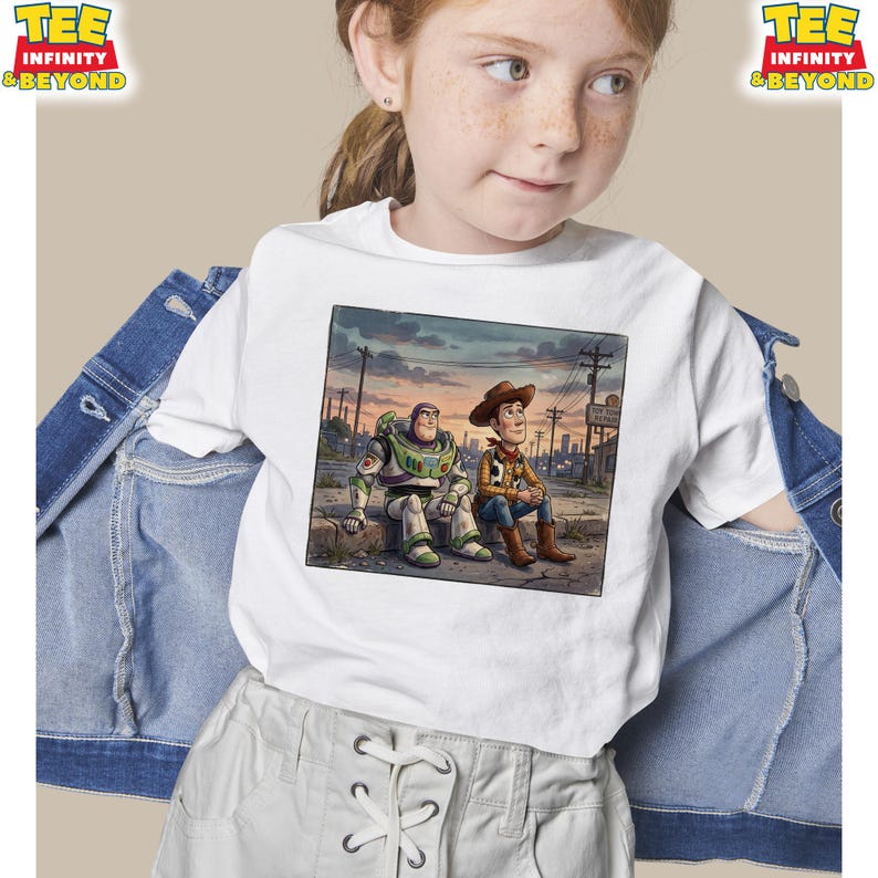 May include: White t-shirt with a graphic of Buzz Lightyear and Woody from Toy Story. The illustration shows them sitting together against a city backdrop. The shirt has the text "TEE INFINITY & BEYOND" in the upper left and right corners.