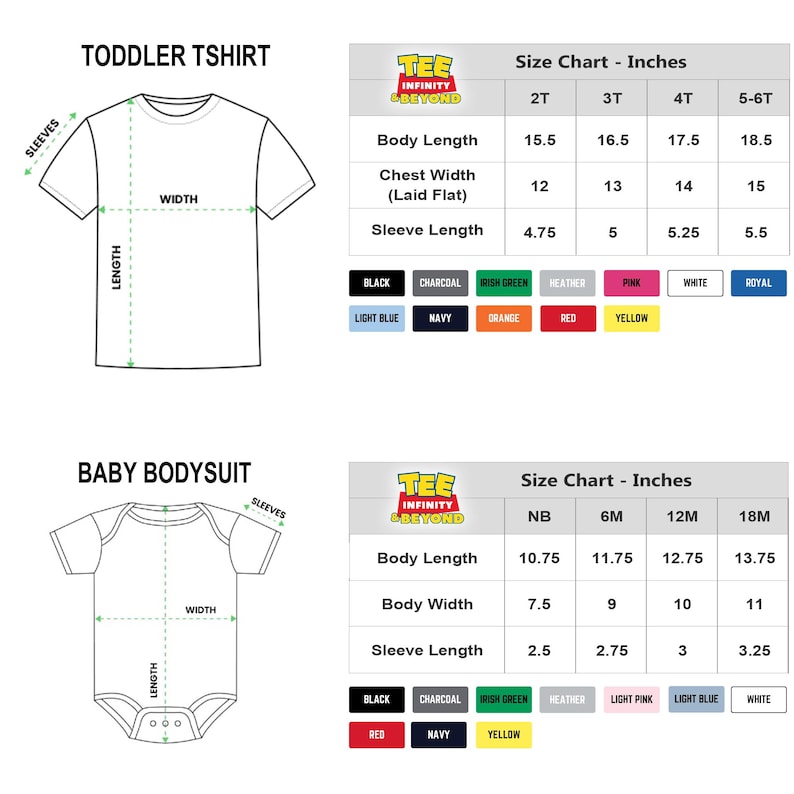 Puede incluir: Tabla de tallas de camisetas y bodies para beb&eacute;s, con medidas en pulgadas. La tabla incluye la longitud del cuerpo, el ancho del pecho y la longitud de la manga para varias tallas. Tambi&eacute;n se enumeran las opciones de color.