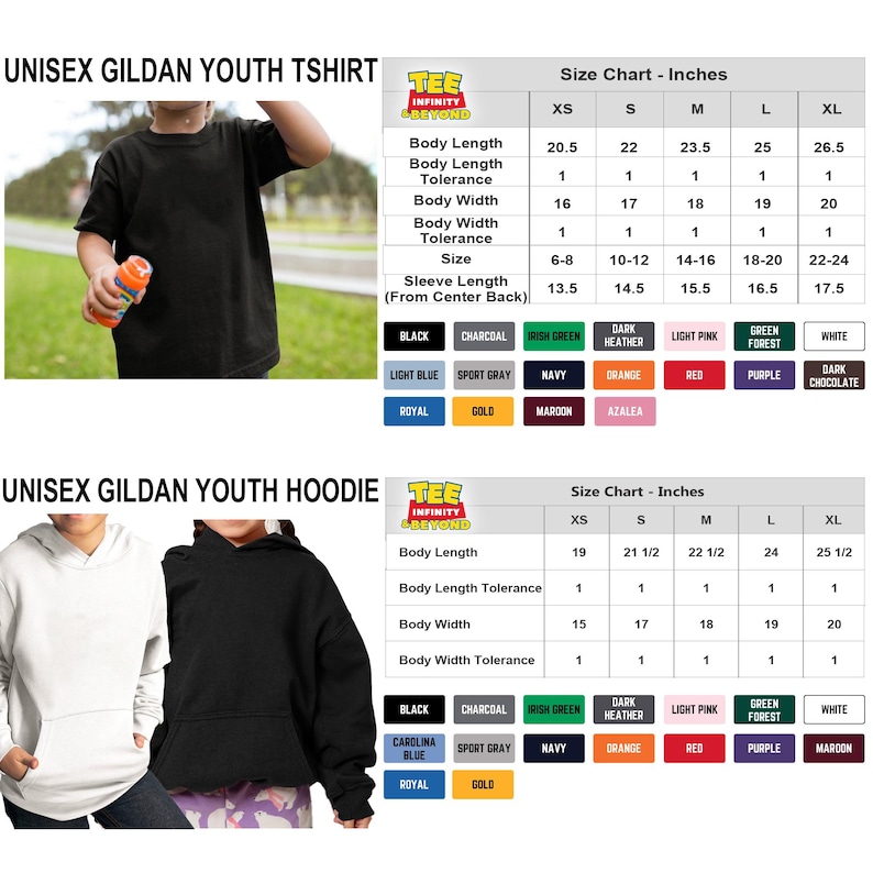 Puede incluir: Se muestra una camiseta negra unisex Gildan para j&oacute;venes y una sudadera con capucha negra unisex Gildan para j&oacute;venes. Se incluyen tablas de tallas en pulgadas para la camiseta y la sudadera con capucha, que detallan la longitud del cuerpo, el ancho y las medidas de las mangas. Se enumeran las opciones de color.