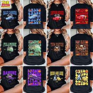 K&ouml;nnte beinhalten: Ein Set aus zehn schwarzen T-Shirts mit verschiedenen Cars-Charakteren, die auf der Vorderseite aufgedruckt sind. Zu den Charakteren geh&ouml;ren Lightning McQueen, Mater, Sally, Fillmore, Guido, Luigi und Ramone. Die Shirts sind alle kurz&auml;rmelig und haben einen Rundhalsausschnitt.