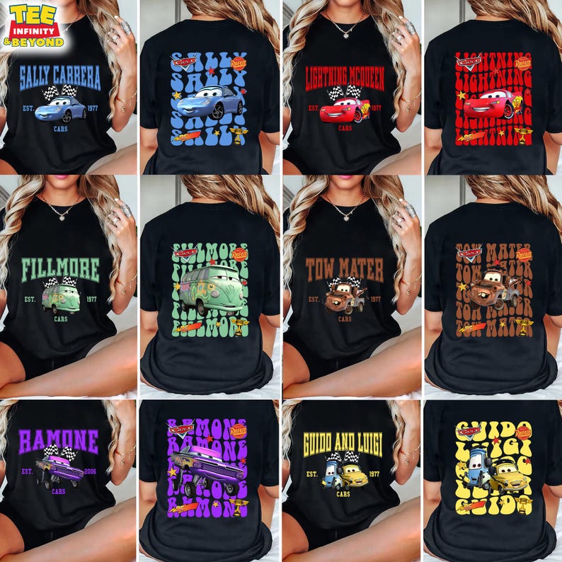 K&ouml;nnte beinhalten: Ein Set aus zehn schwarzen T-Shirts mit verschiedenen Cars-Charakteren, die auf der Vorderseite aufgedruckt sind. Zu den Charakteren geh&ouml;ren Lightning McQueen, Mater, Sally, Fillmore, Guido, Luigi und Ramone. Die Shirts sind alle kurz&auml;rmelig und haben einen Rundhalsausschnitt.