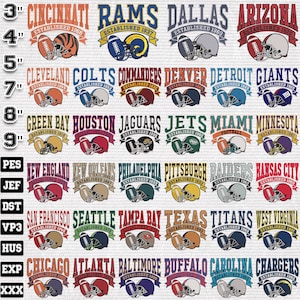 May include: A selection of American football team logos, each displaying a team name, establishment year, helmet, and football. The logos are in diverse colors, such as orange, blue, and green. The image is a grid of logos.