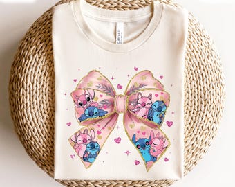 Coquette Bow Disney Stitch And Angel Valentine T-Shirt, Stitch Couple Happy Valentine's Day T-Shirt, Disney Honeymoon Trip T-Shirt For Fans