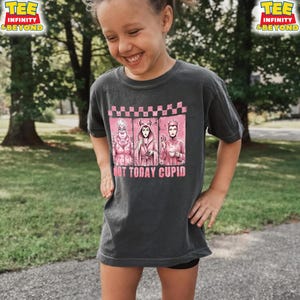 May include: Dark gray t-shirt featuring a graphic of three cartoon villains with the text "NOT TODAY CUPID" in pink. The shirt has a crew neck and short sleeves. The image is of a young person wearing the shirt.